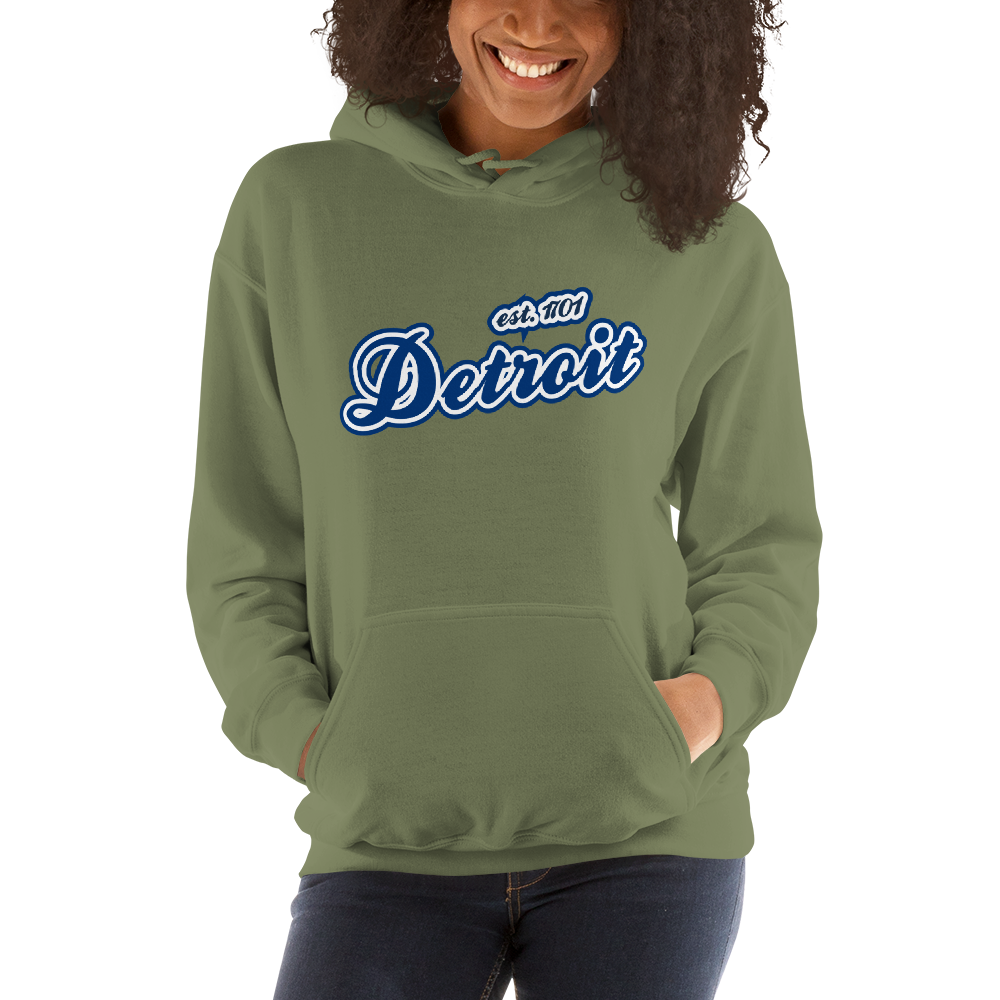 'Detroit EST. 1701' Hoodie (Dearborn Blue Script Font) | Unisex Standard