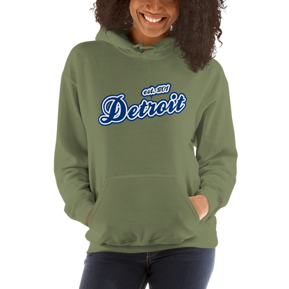 'Detroit EST. 1701' Hoodie (Dearborn Blue Script Font) | Unisex Standard