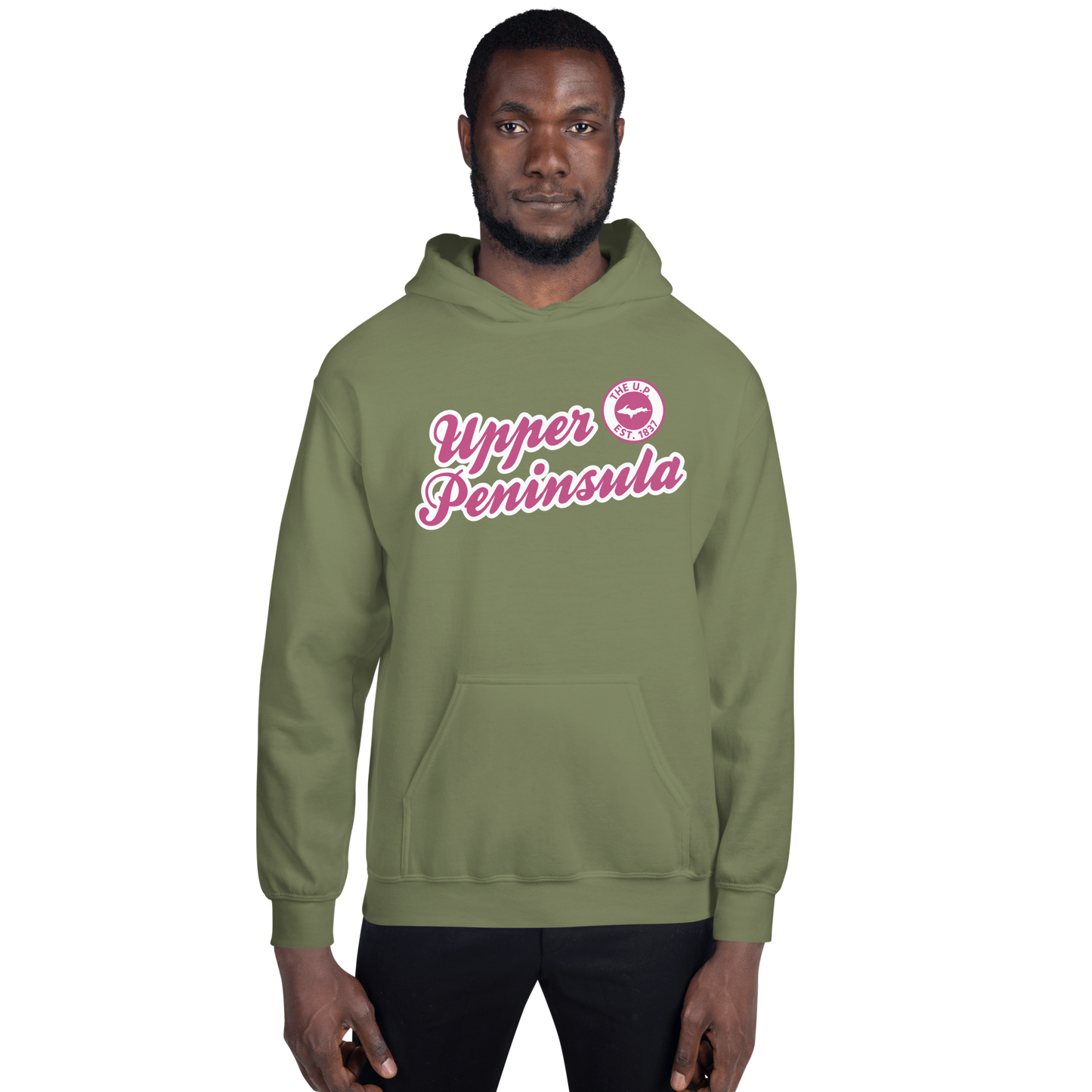 'Upper Peninsula EST. 1837' Hoodie (Apple Blossom Pink Script Font) | Unisex Standard