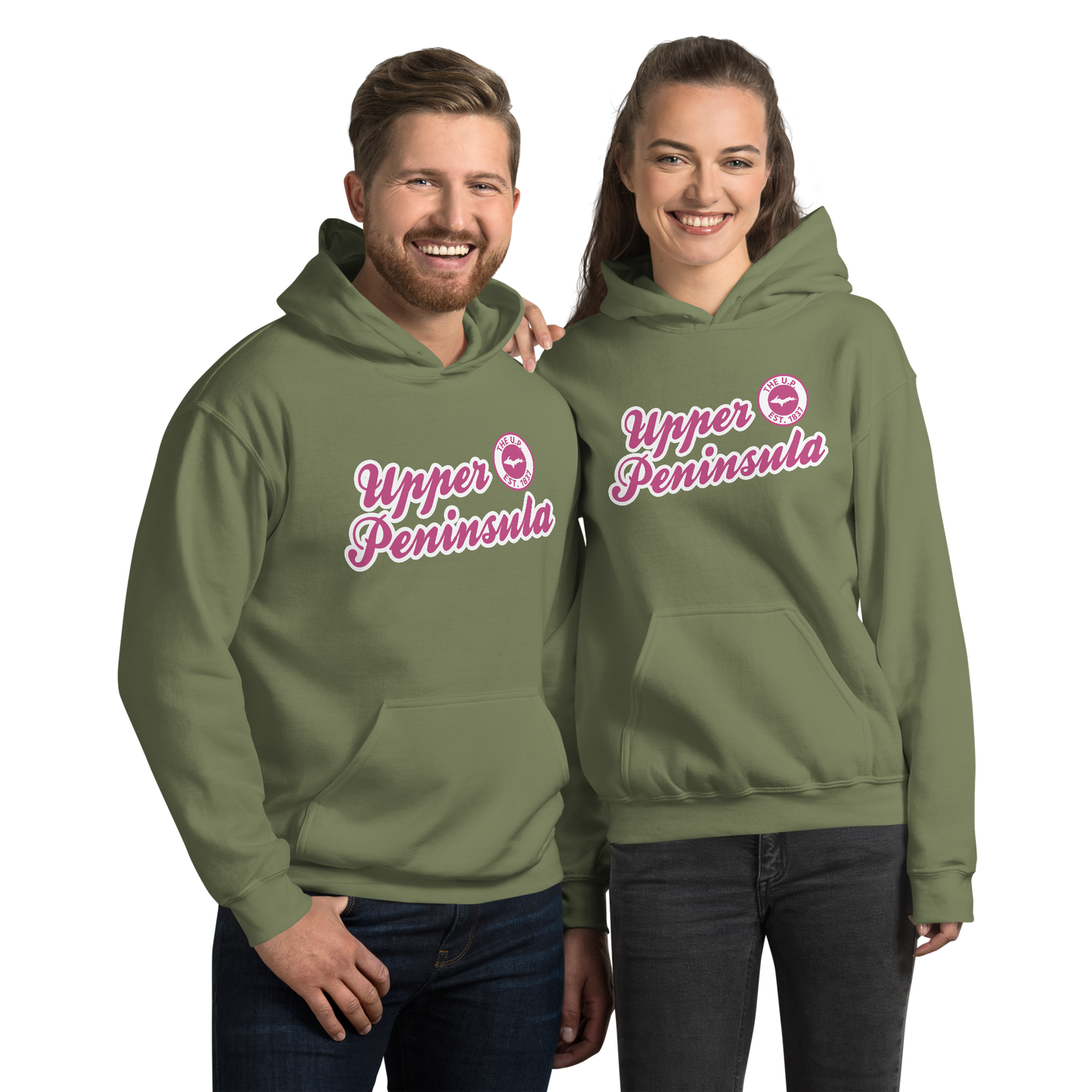 'Upper Peninsula EST. 1837' Hoodie (Apple Blossom Pink Script Font) | Unisex Standard