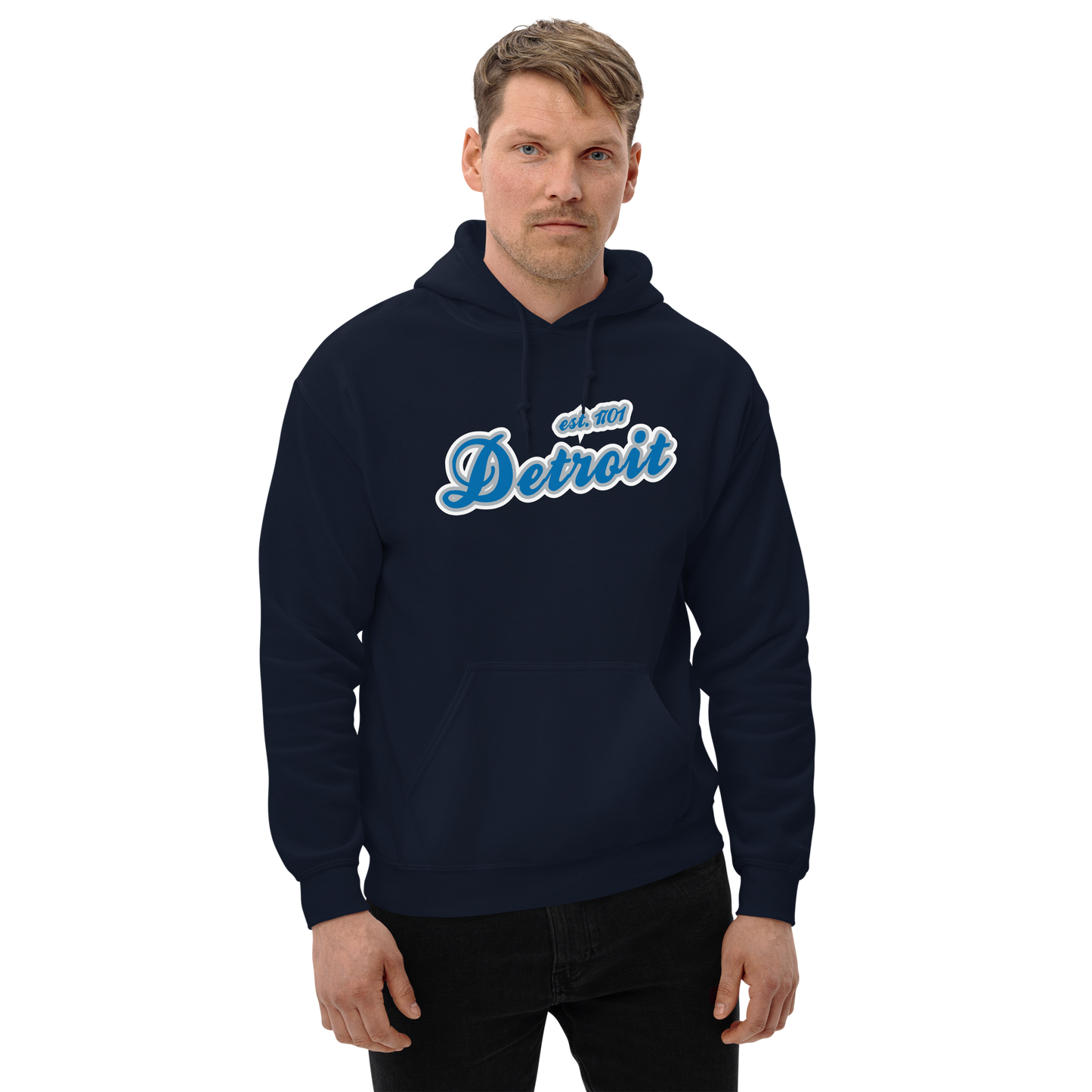 'Detroit EST. 1701' Hoodie (Azure Script Font) | Unisex Standard