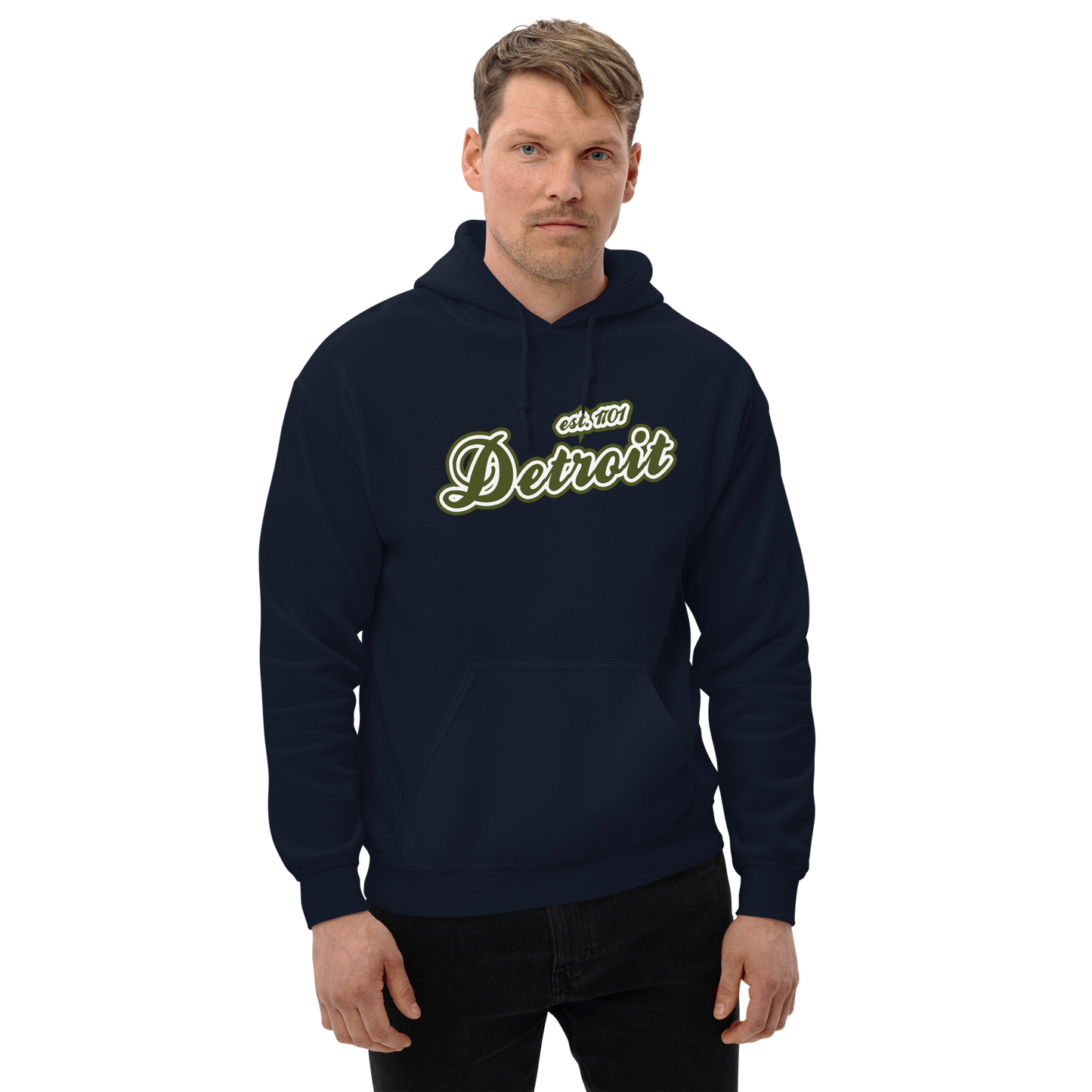 'Detroit EST. 1701' Hoodie (Army Green Script Font) | Unisex Standard