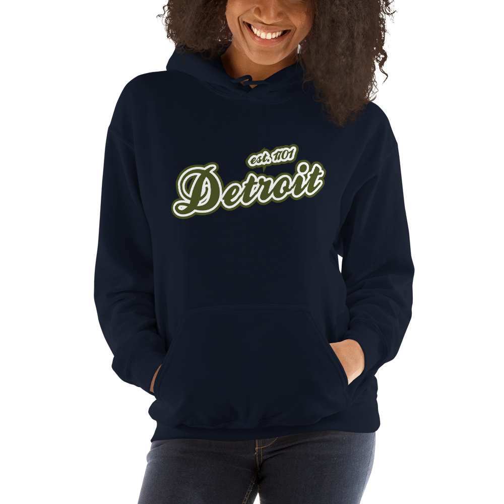 'Detroit EST. 1701' Hoodie (Army Green Script Font) | Unisex Standard