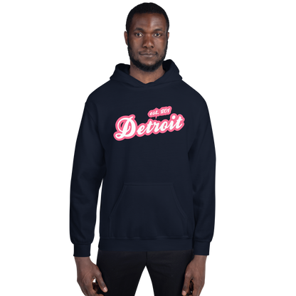 'Detroit EST. 1701' Hoodie (Rhodochrosite Pink Script Font) | Unisex Standard