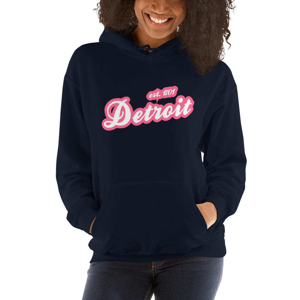 'Detroit EST. 1701' Hoodie (Rhodochrosite Pink Script Font) | Unisex Standard