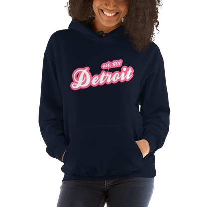 'Detroit EST. 1701' Hoodie (Rhodochrosite Pink Script Font) | Unisex Standard