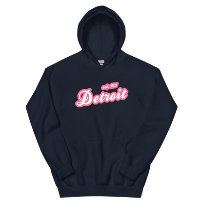 'Detroit EST. 1701' Hoodie (Rhodochrosite Pink Script Font) | Unisex Standard