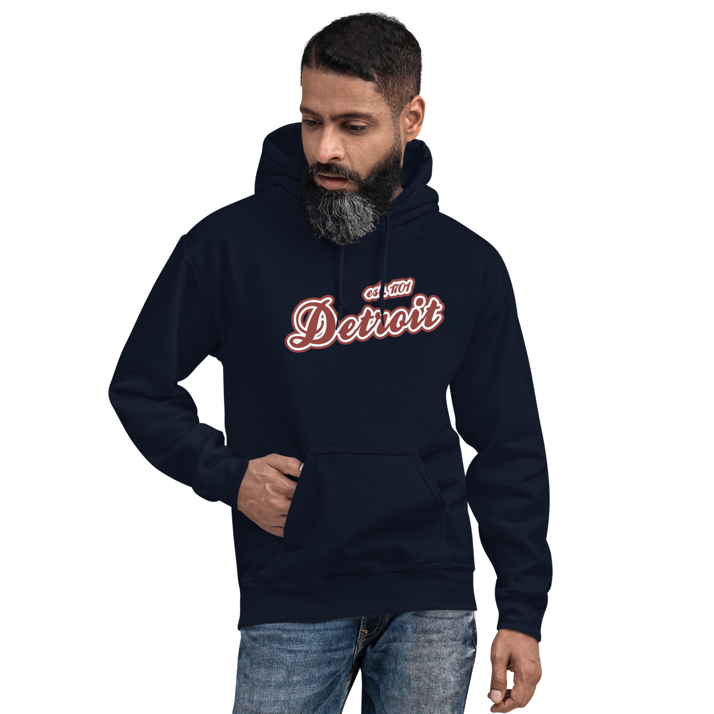 'Detroit EST. 1701' Hoodie (Ore Dock Red Script Font) | Unisex Standard