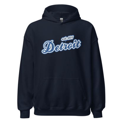 'Detroit EST. 1701' Hoodie (Dearborn Blue Script Font) | Unisex Standard