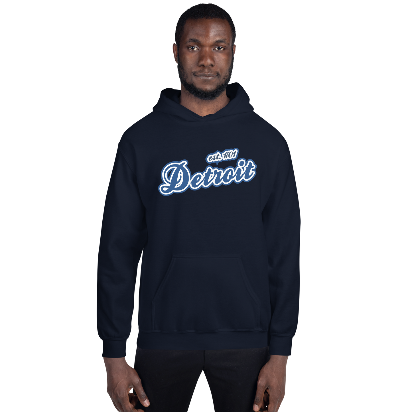 'Detroit EST. 1701' Hoodie (Dearborn Blue Script Font) | Unisex Standard