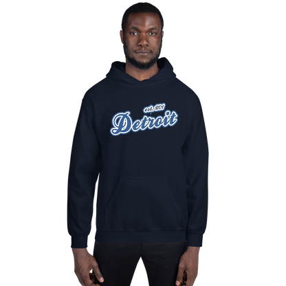 'Detroit EST. 1701' Hoodie (Dearborn Blue Script Font) | Unisex Standard