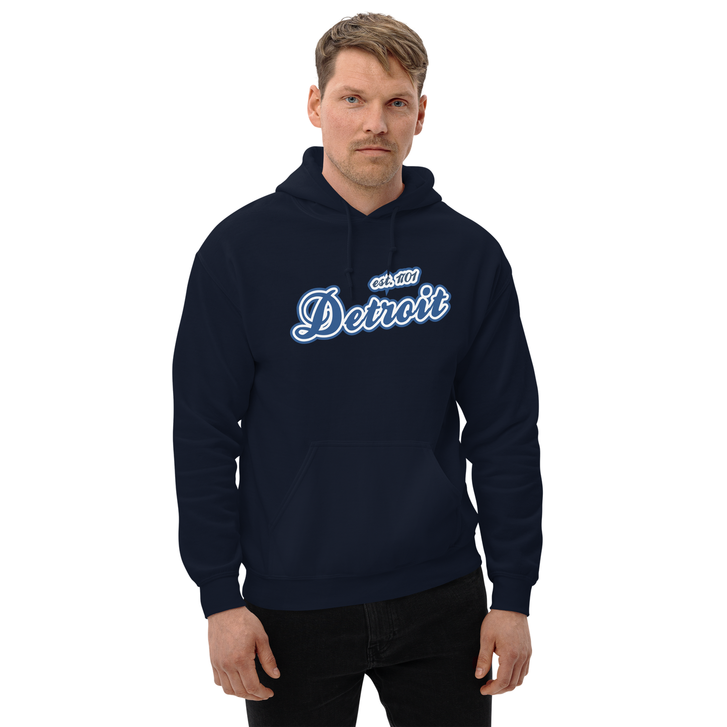 'Detroit EST. 1701' Hoodie (Dearborn Blue Script Font) | Unisex Standard