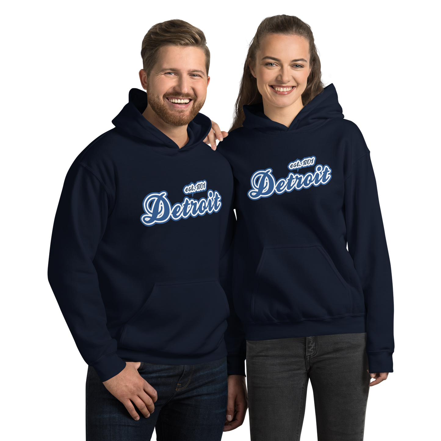 'Detroit EST. 1701' Hoodie (Dearborn Blue Script Font) | Unisex Standard