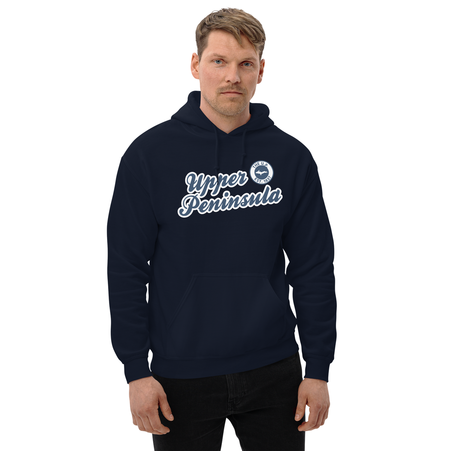 'Upper Peninsula EST. 1837' Hoodie (Navy Script Font) | Unisex Standard