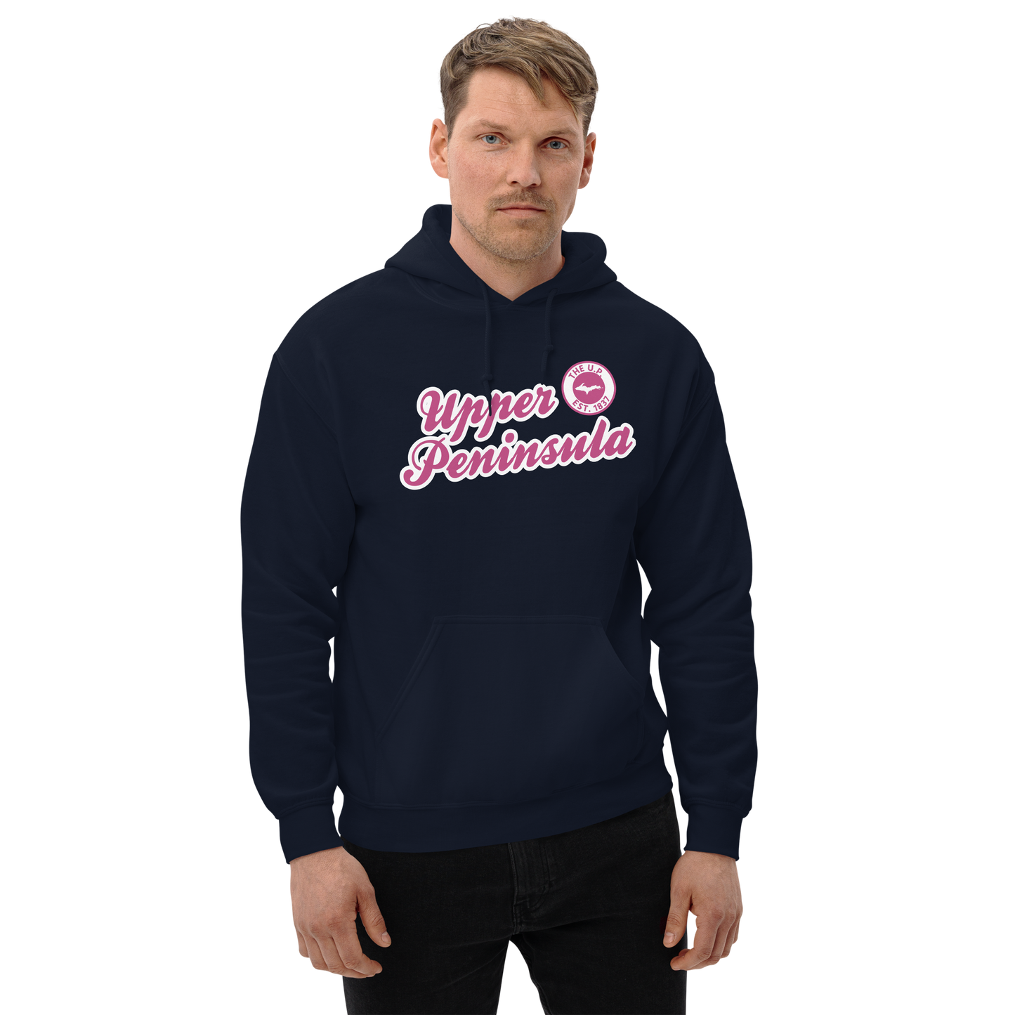 'Upper Peninsula EST. 1837' Hoodie (Apple Blossom Pink Script Font) | Unisex Standard