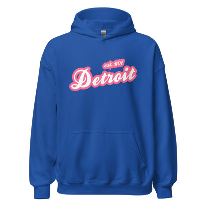 'Detroit EST. 1701' Hoodie (Rhodochrosite Pink Script Font) | Unisex Standard