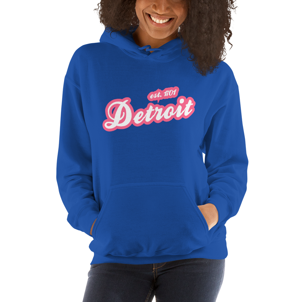 'Detroit EST. 1701' Hoodie (Rhodochrosite Pink Script Font) | Unisex Standard