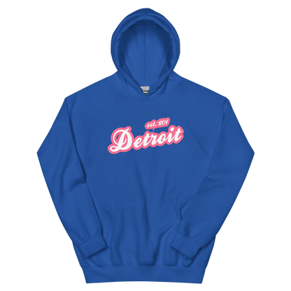 'Detroit EST. 1701' Hoodie (Rhodochrosite Pink Script Font) | Unisex Standard