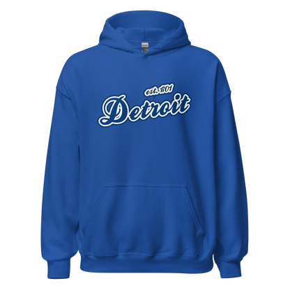 'Detroit EST. 1701' Hoodie (Dearborn Blue Script Font) | Unisex Standard