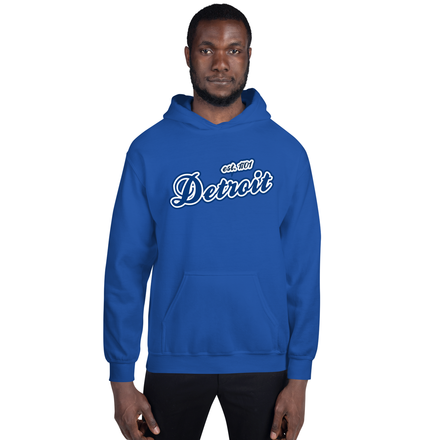 'Detroit EST. 1701' Hoodie (Dearborn Blue Script Font) | Unisex Standard