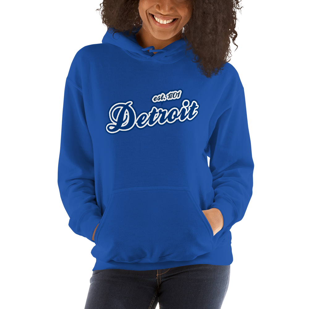 'Detroit EST. 1701' Hoodie (Dearborn Blue Script Font) | Unisex Standard