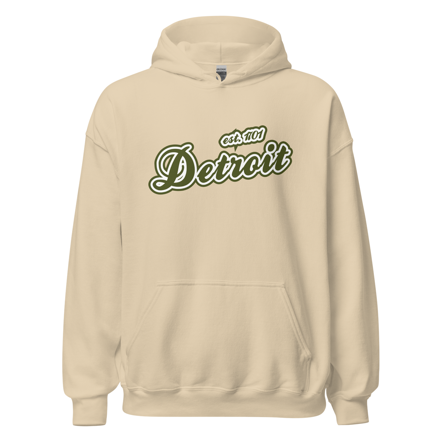 'Detroit EST. 1701' Hoodie (Army Green Script Font) | Unisex Standard