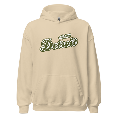 'Detroit EST. 1701' Hoodie (Army Green Script Font) | Unisex Standard