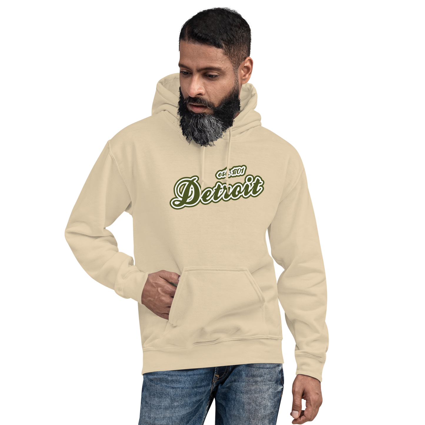 'Detroit EST. 1701' Hoodie (Army Green Script Font) | Unisex Standard