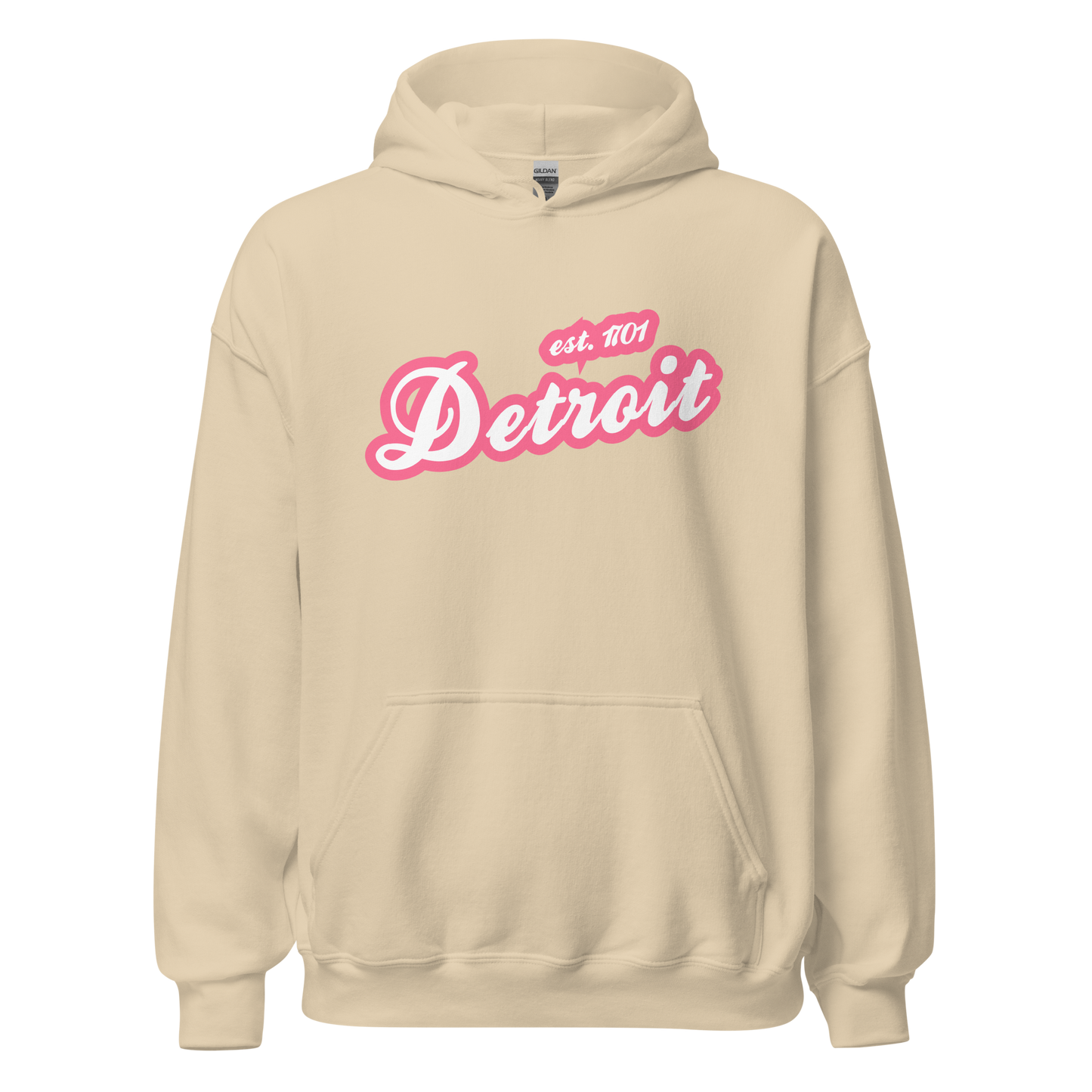 'Detroit EST. 1701' Hoodie (Rhodochrosite Pink Script Font) | Unisex Standard