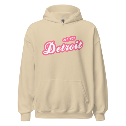 'Detroit EST. 1701' Hoodie (Rhodochrosite Pink Script Font) | Unisex Standard