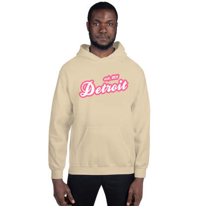 'Detroit EST. 1701' Hoodie (Rhodochrosite Pink Script Font) | Unisex Standard