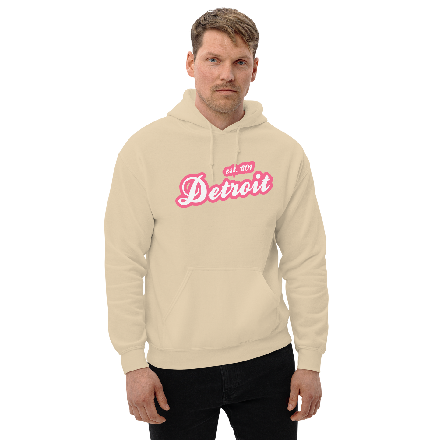 'Detroit EST. 1701' Hoodie (Rhodochrosite Pink Script Font) | Unisex Standard