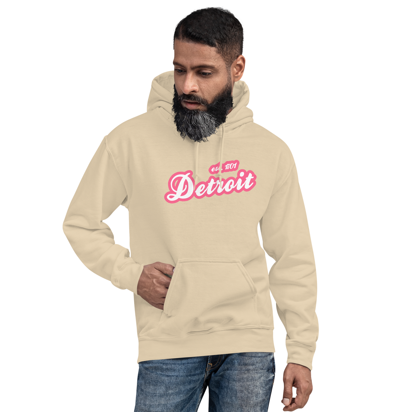 'Detroit EST. 1701' Hoodie (Rhodochrosite Pink Script Font) | Unisex Standard