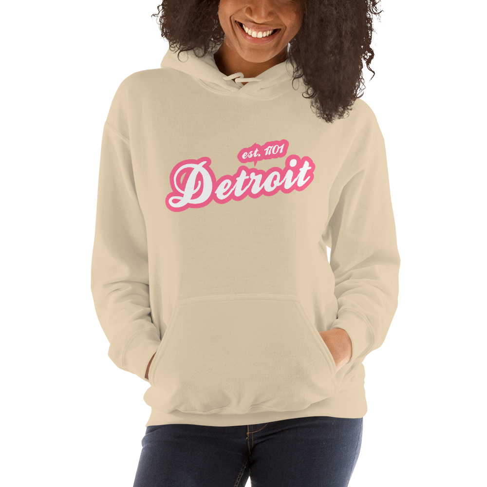 'Detroit EST. 1701' Hoodie (Rhodochrosite Pink Script Font) | Unisex Standard