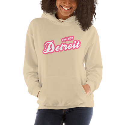 'Detroit EST. 1701' Hoodie (Rhodochrosite Pink Script Font) | Unisex Standard