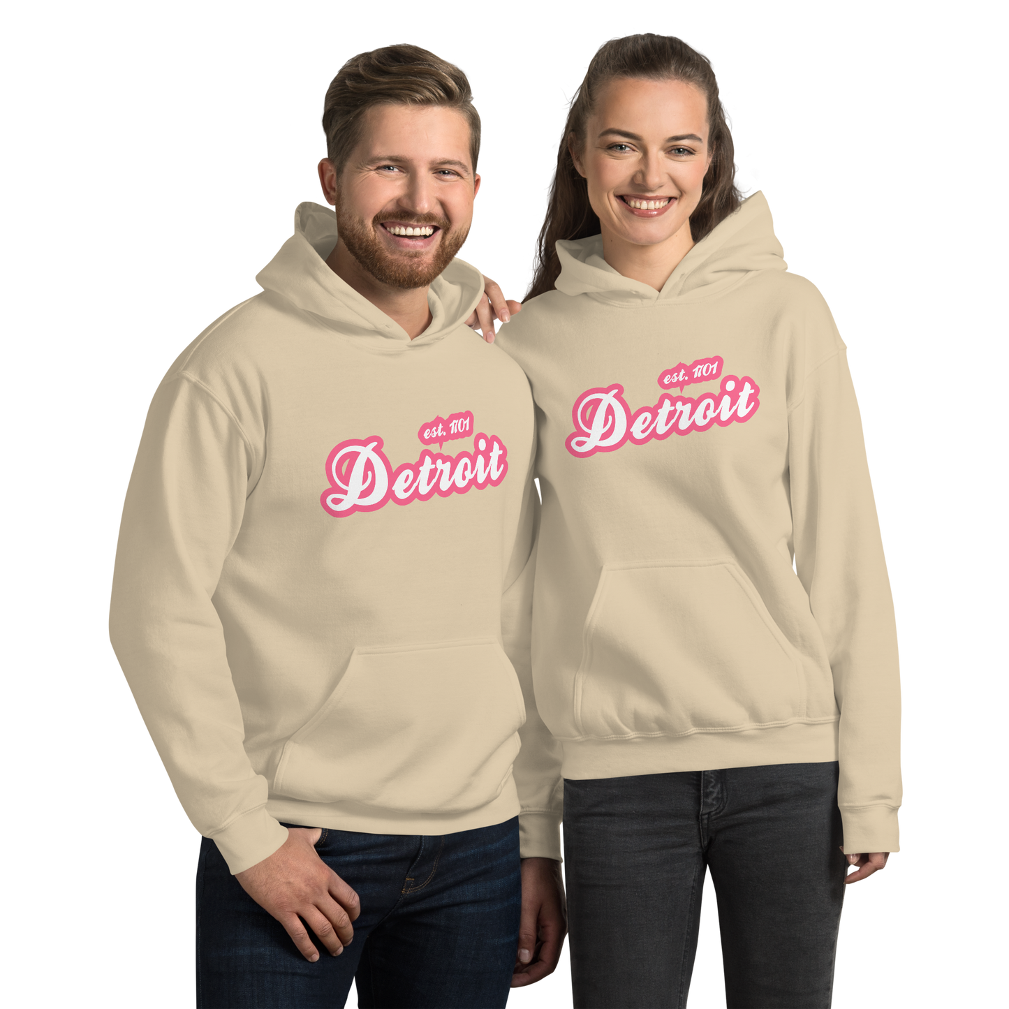 'Detroit EST. 1701' Hoodie (Rhodochrosite Pink Script Font) | Unisex Standard