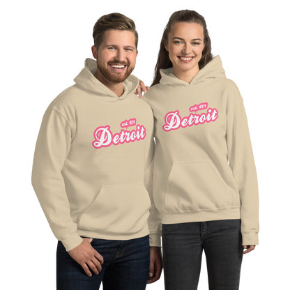 'Detroit EST. 1701' Hoodie (Rhodochrosite Pink Script Font) | Unisex Standard