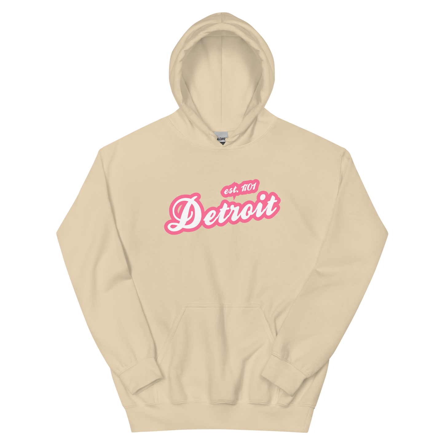 'Detroit EST. 1701' Hoodie (Rhodochrosite Pink Script Font) | Unisex Standard