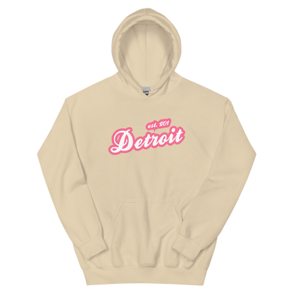 'Detroit EST. 1701' Hoodie (Rhodochrosite Pink Script Font) | Unisex Standard