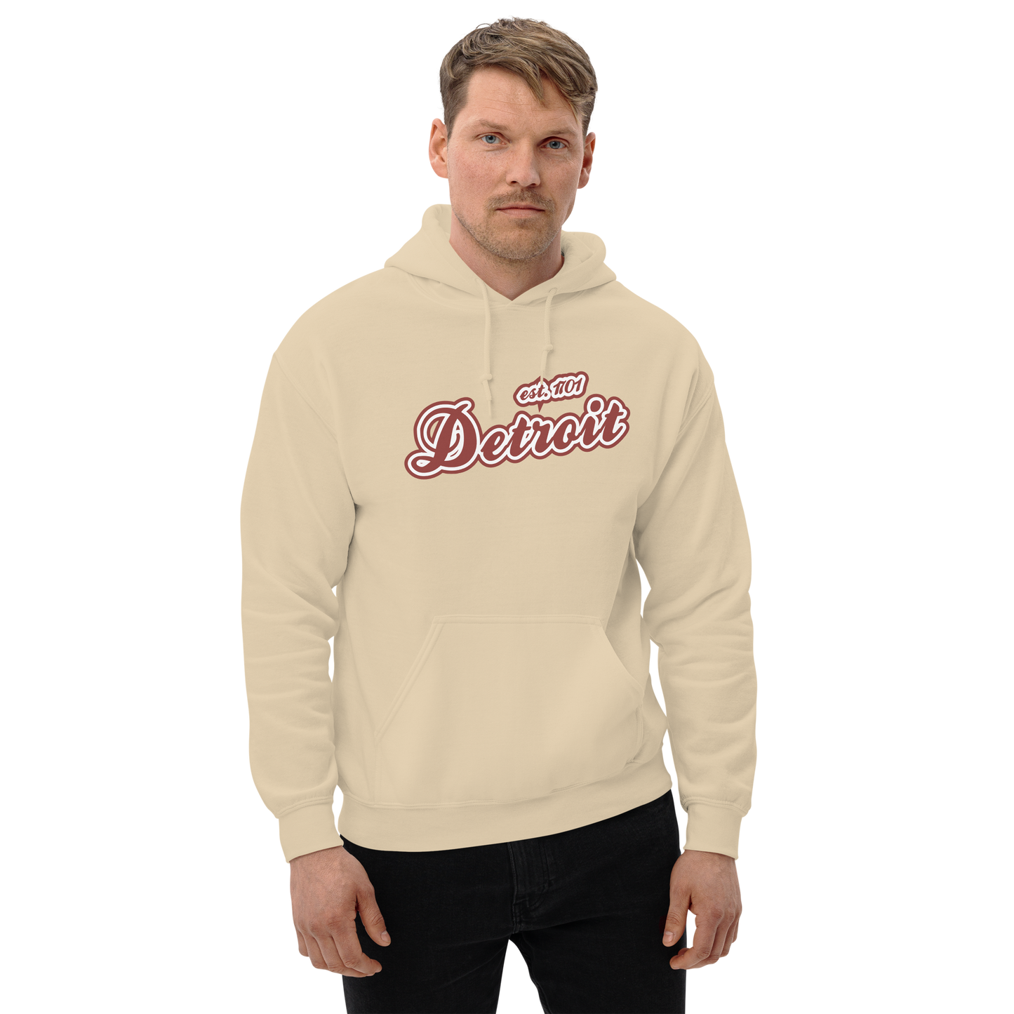 'Detroit EST. 1701' Hoodie (Ore Dock Red Script Font) | Unisex Standard