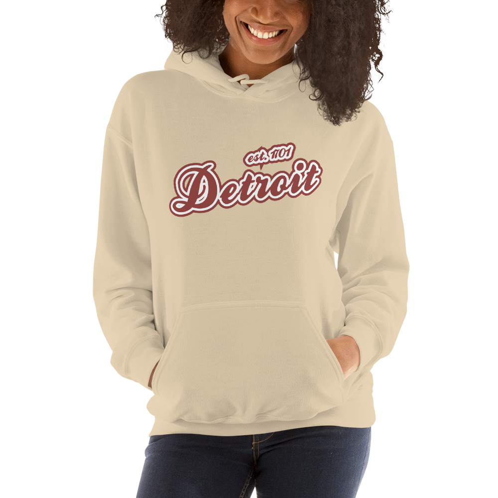 'Detroit EST. 1701' Hoodie (Ore Dock Red Script Font) | Unisex Standard