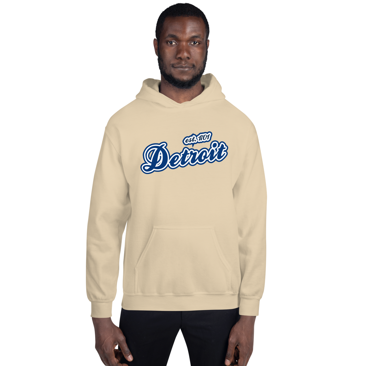 'Detroit EST. 1701' Hoodie (Dearborn Blue Script Font) | Unisex Standard