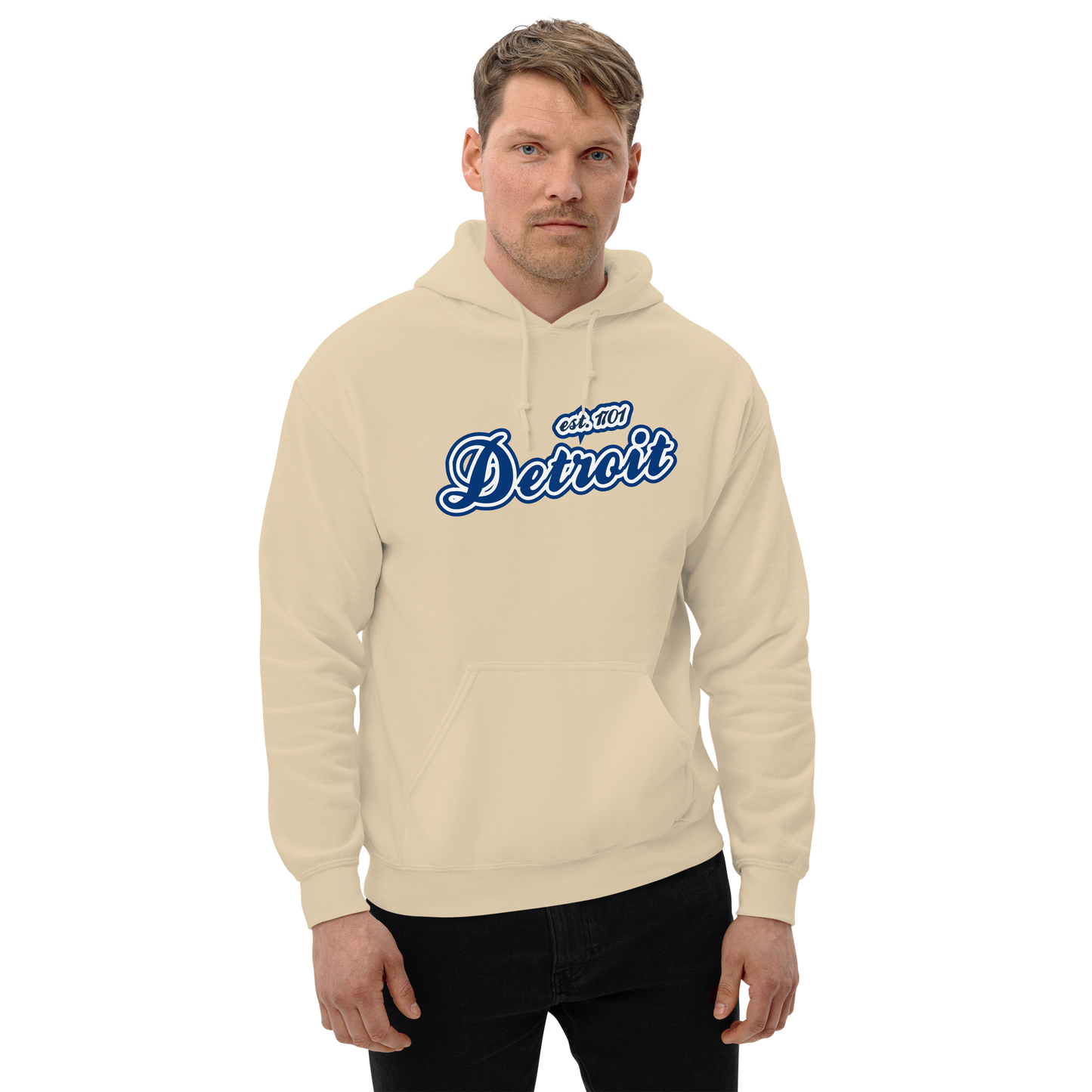 'Detroit EST. 1701' Hoodie (Dearborn Blue Script Font) | Unisex Standard