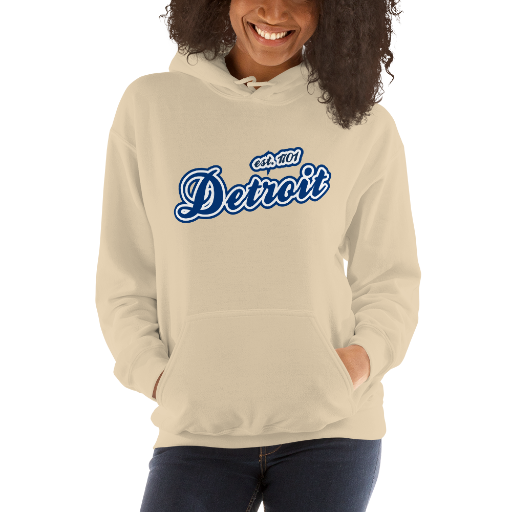 'Detroit EST. 1701' Hoodie (Dearborn Blue Script Font) | Unisex Standard