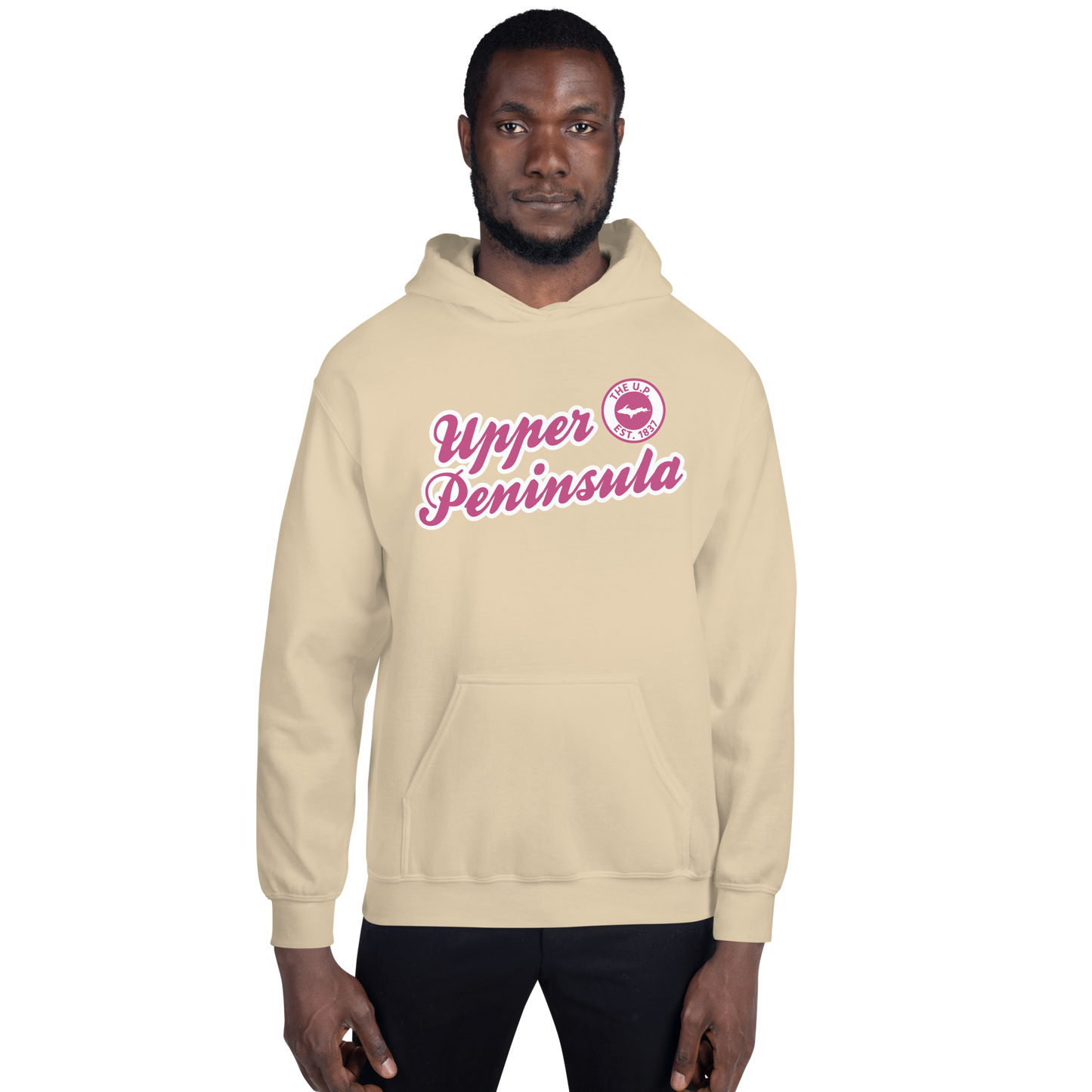 'Upper Peninsula EST. 1837' Hoodie (Apple Blossom Pink Script Font) | Unisex Standard