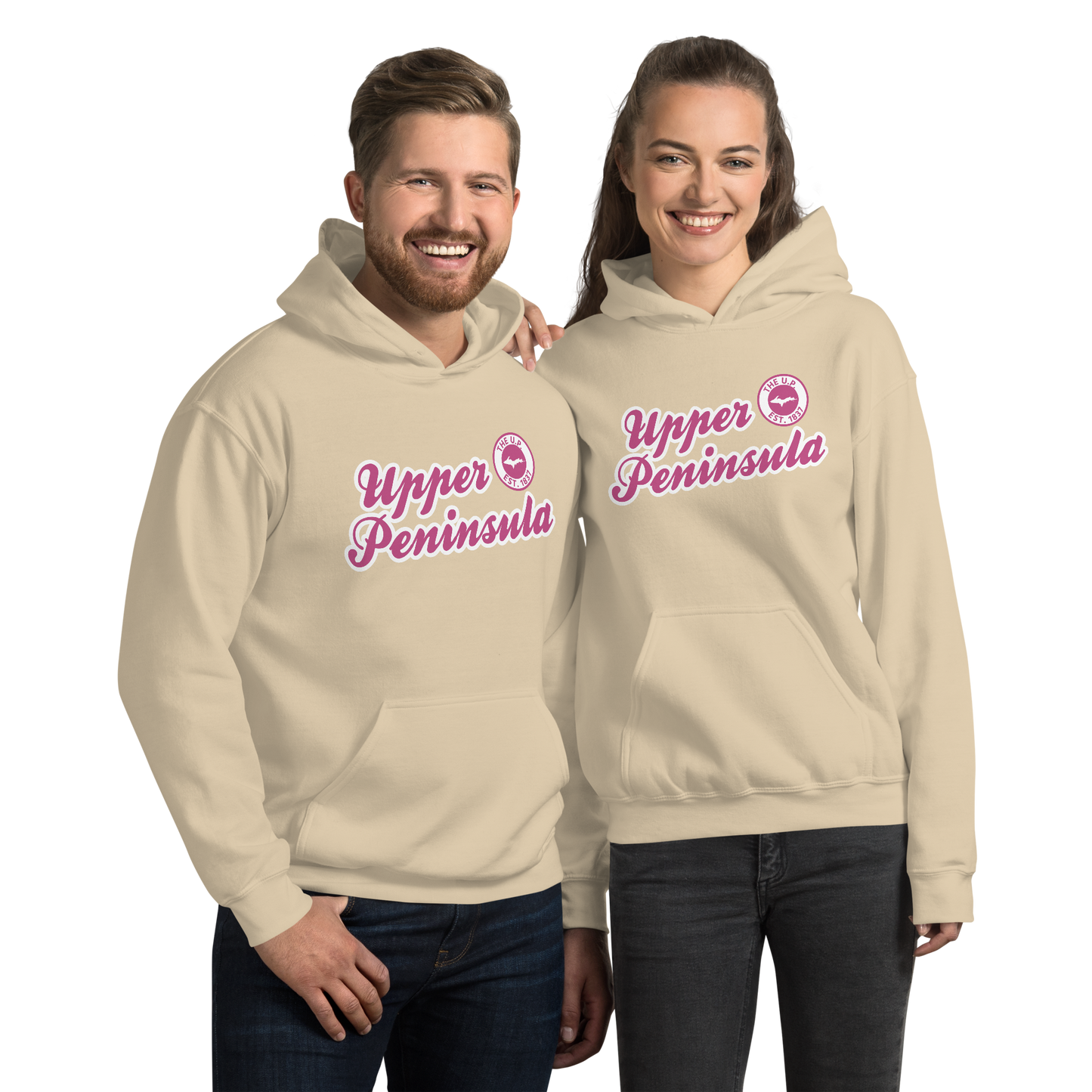 'Upper Peninsula EST. 1837' Hoodie (Apple Blossom Pink Script Font) | Unisex Standard