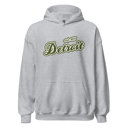 'Detroit EST. 1701' Hoodie (Army Green Script Font) | Unisex Standard