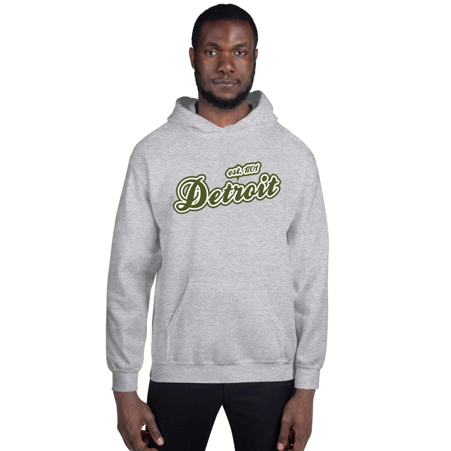 'Detroit EST. 1701' Hoodie (Army Green Script Font) | Unisex Standard