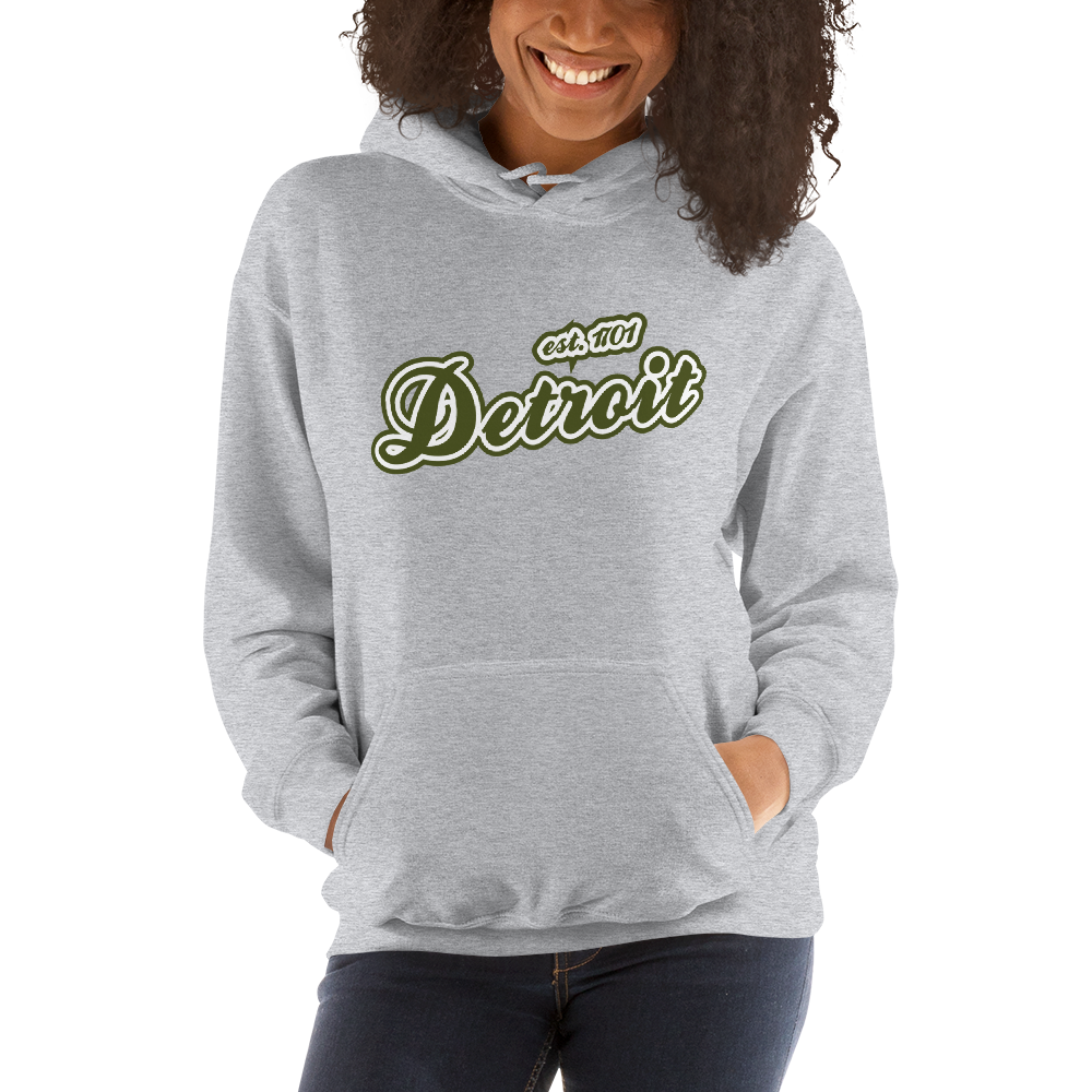 'Detroit EST. 1701' Hoodie (Army Green Script Font) | Unisex Standard