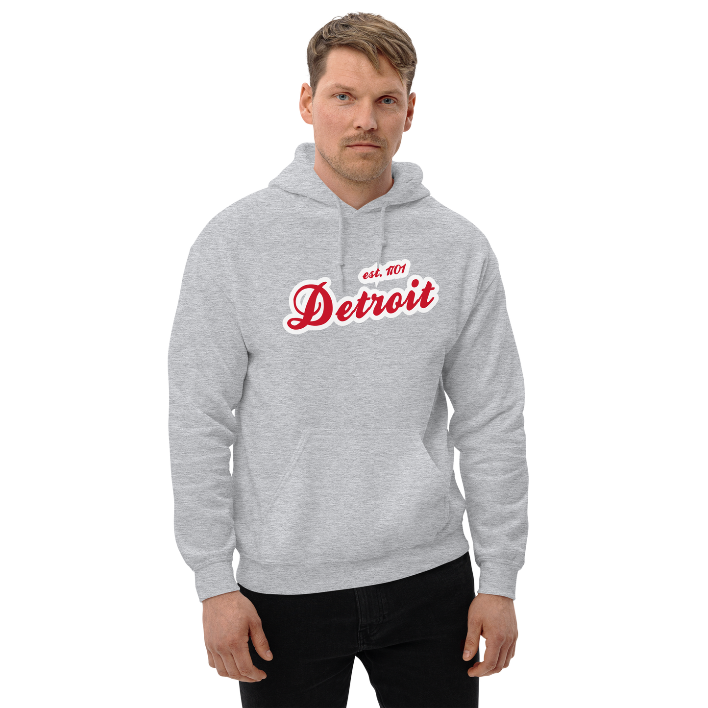 'Detroit EST. 1701' Hoodie (Aliform Red Script Font) | Unisex Standard